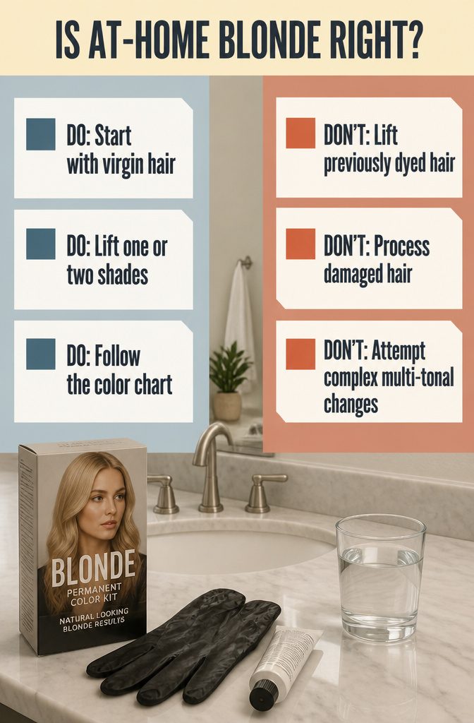 At-home blonde coloring guide with hair swatches developer and highlighting tools