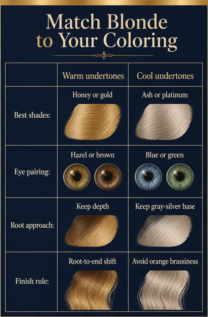 Blonde shade chart arranged beside warm cool and neutral color examples