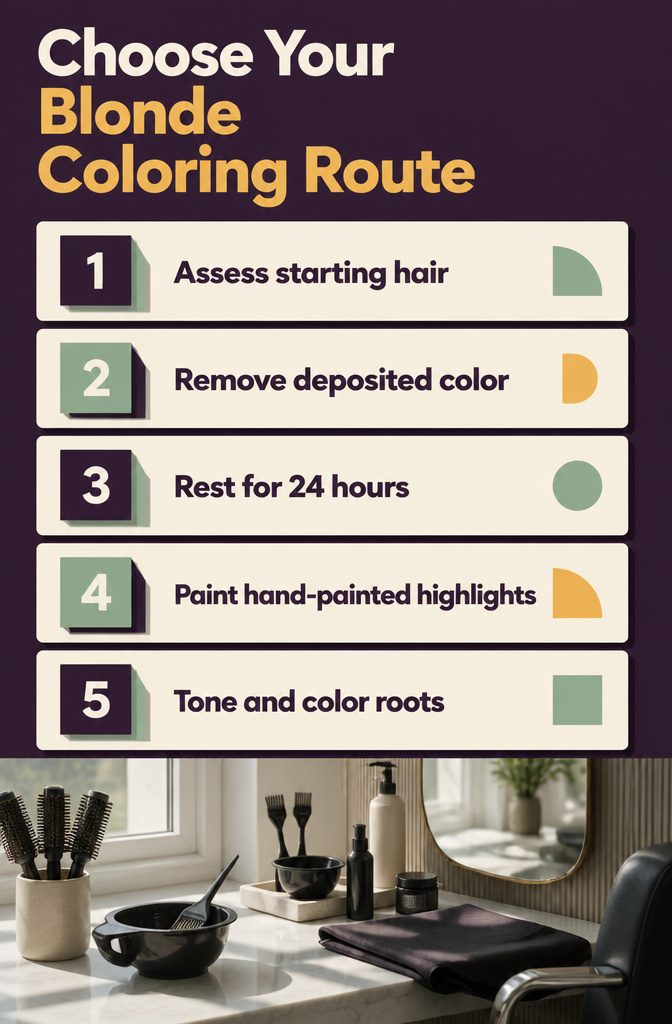 Blonde coloring guide with permanent color bleach highlights and mid-lights