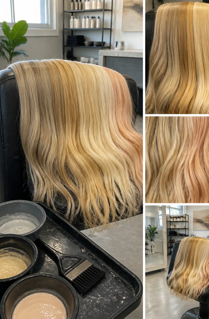 Blonde hair swatches ranging from platinum and ash to golden and strawberry