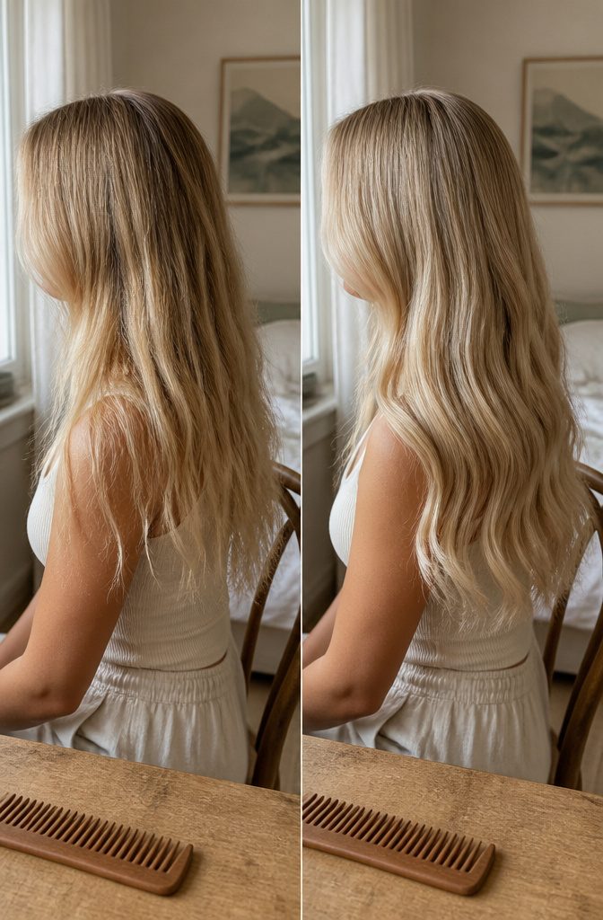 Light blonde hair with pale yellow strands and natural tonal variation
