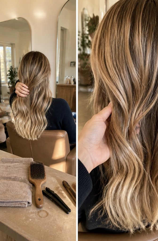 Blonde hair with lighter ribbons blended through darker natural strands