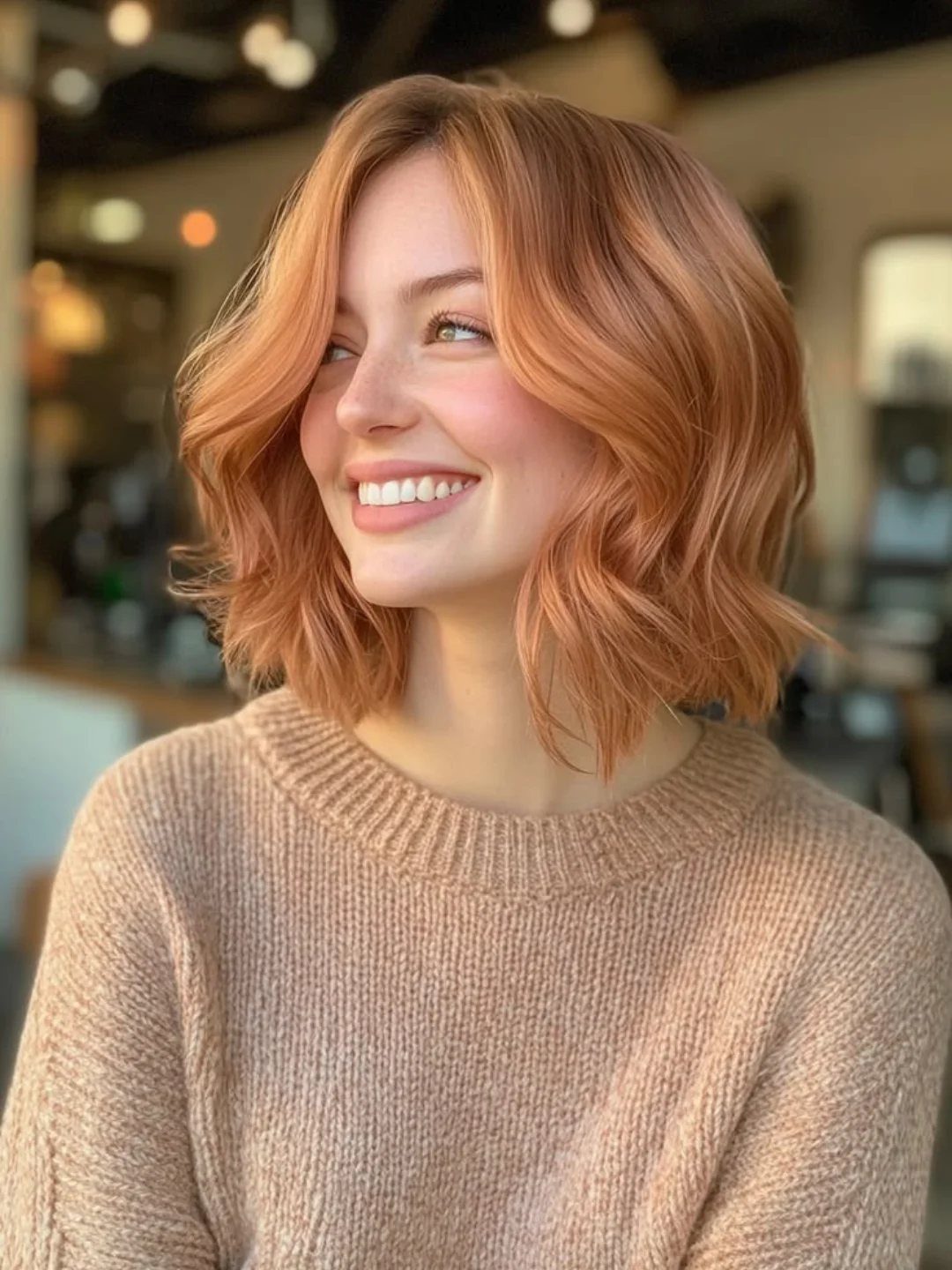 Woman with wavy strawberry-blonde hair smiling in a beige sweater