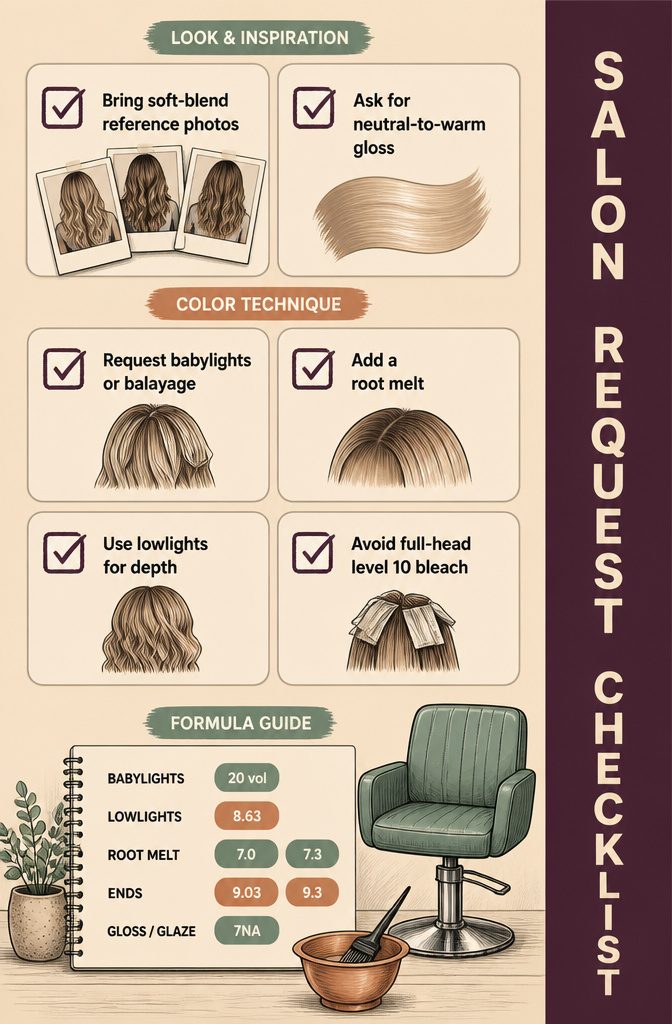 Salon checklist graphic with color requests for highlights root melt and gloss