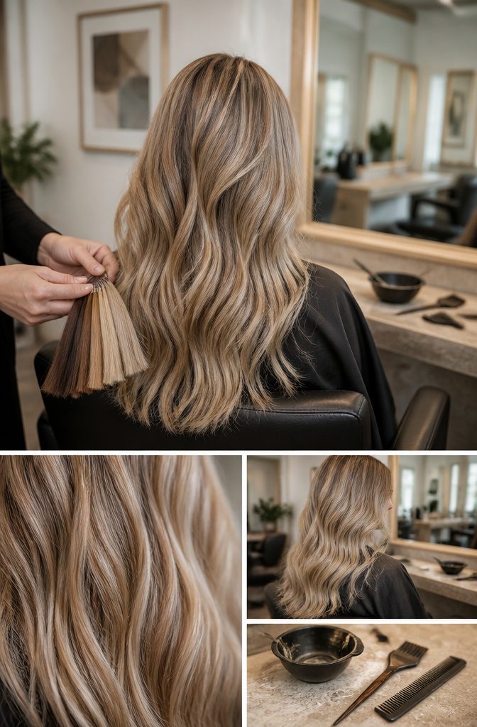 Blonde hair color reference with honey ribbons beige tones and darker roots
