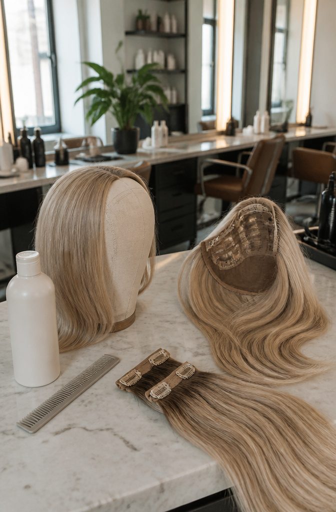 Human hair wig and clip-in weft with beige gold and darker strands