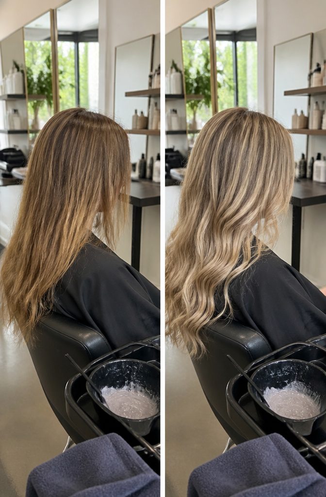 Blonde hair with a soft natural blend rather than a bright platinum finish