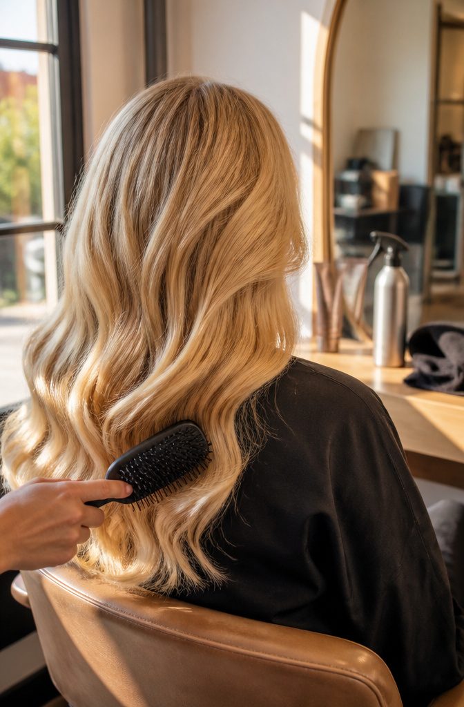 Blonde hair styled in understated soft waves with a smooth finish