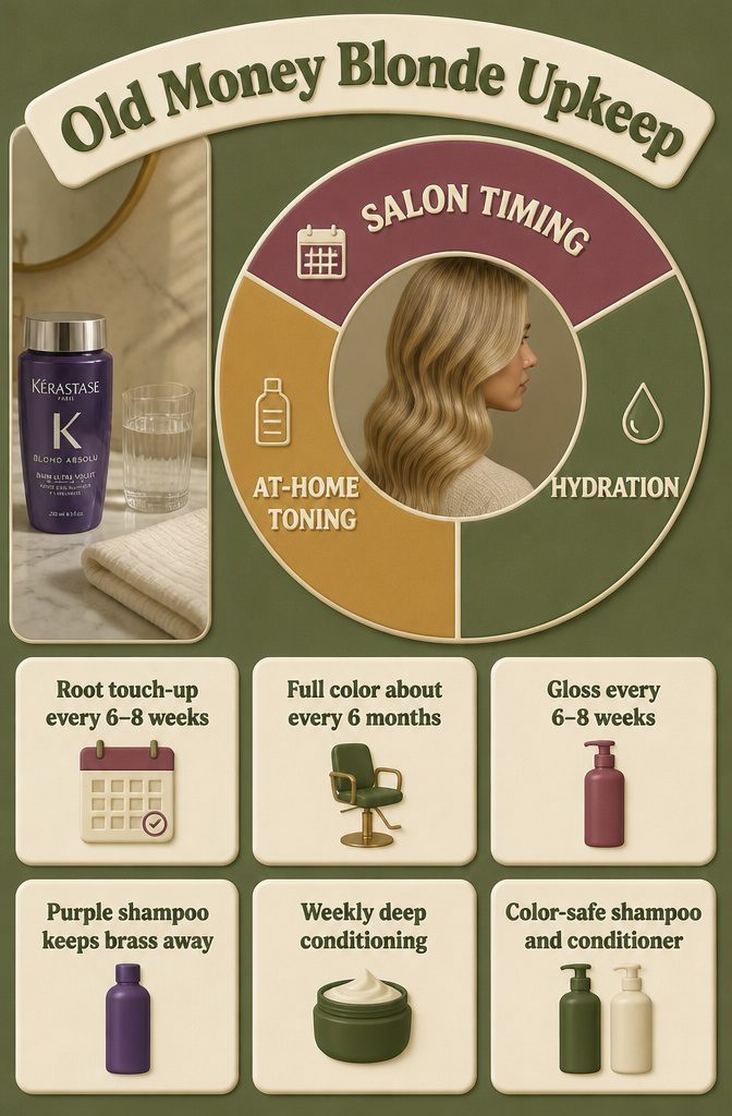 Hair upkeep graphic with blonde maintenance notes and gloss timing