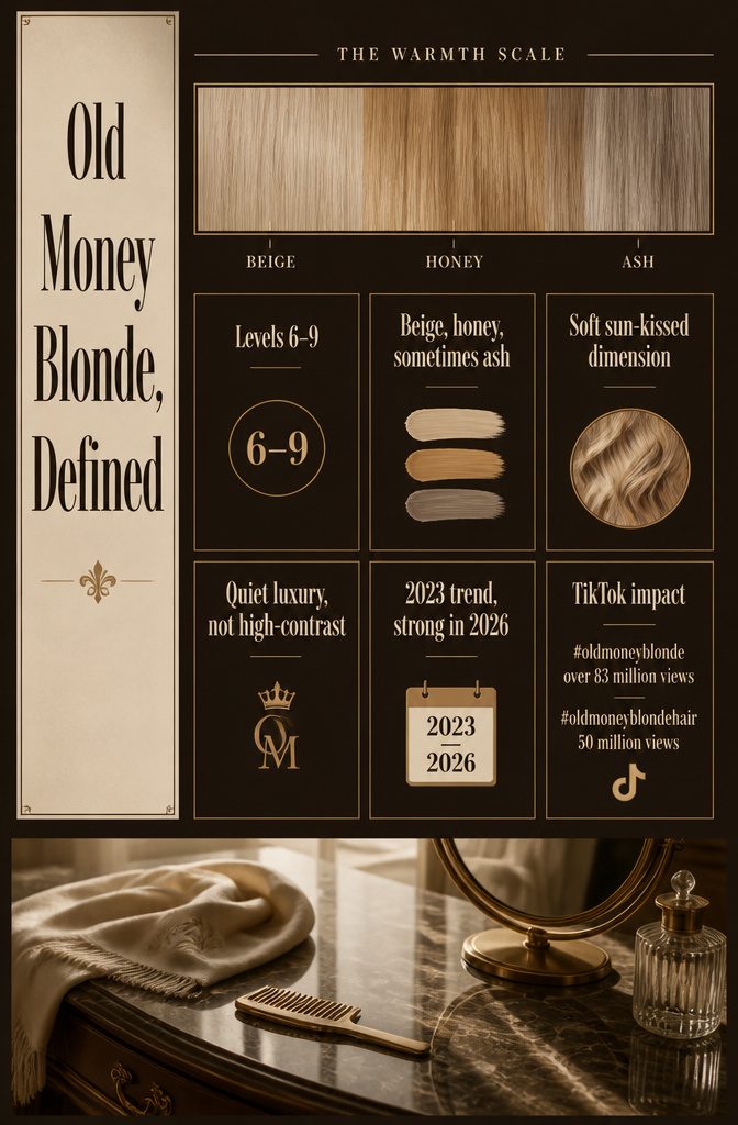 Information card with beige blonde swatches and blended honey and ash tones