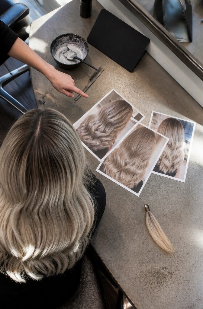 Person with pearl blonde hair in soft waves