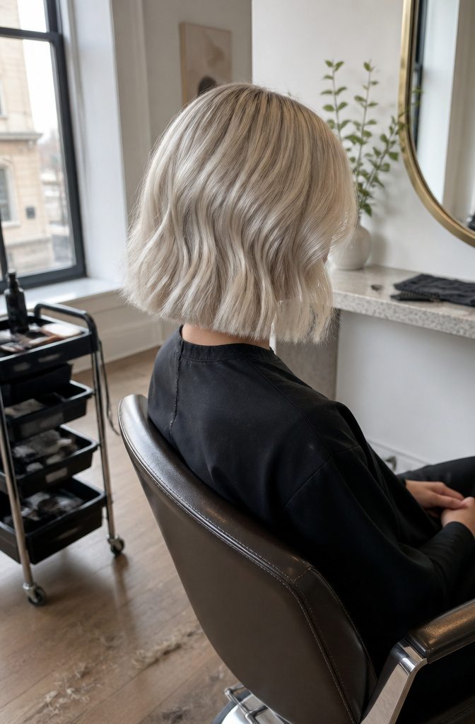 Pearl blonde hair with soft waves showing creamy and silvery tones