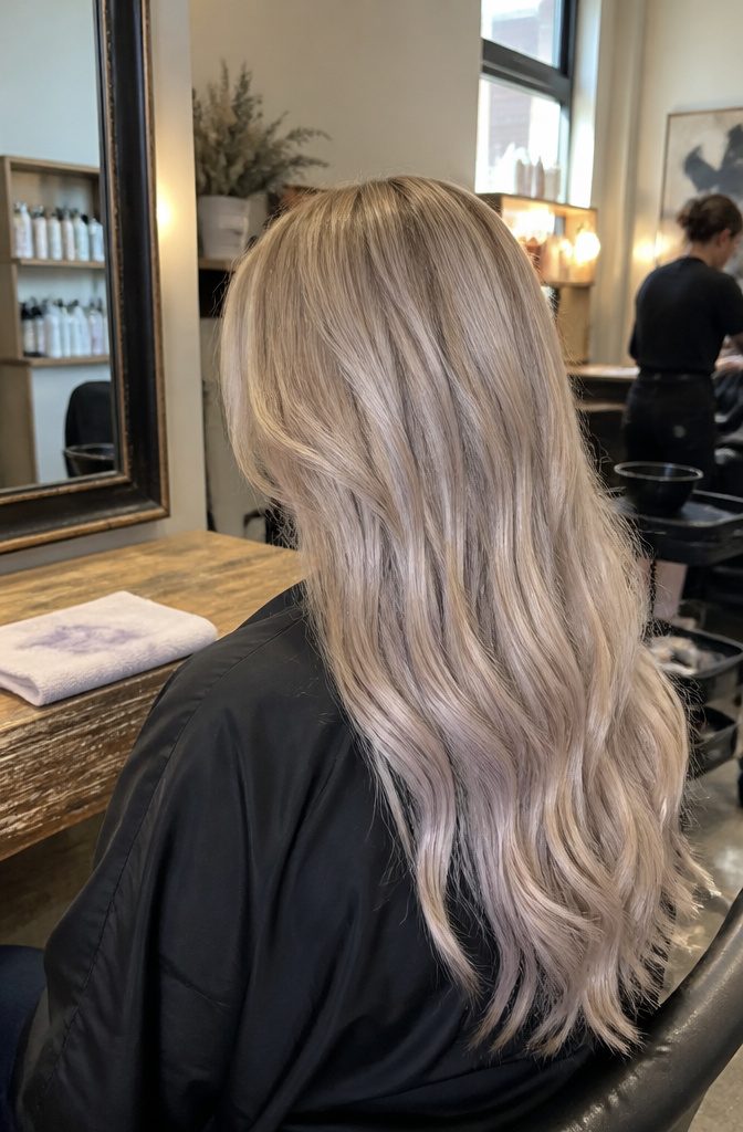 Long blonde hair in loose waves with silver gray and pale pink strands