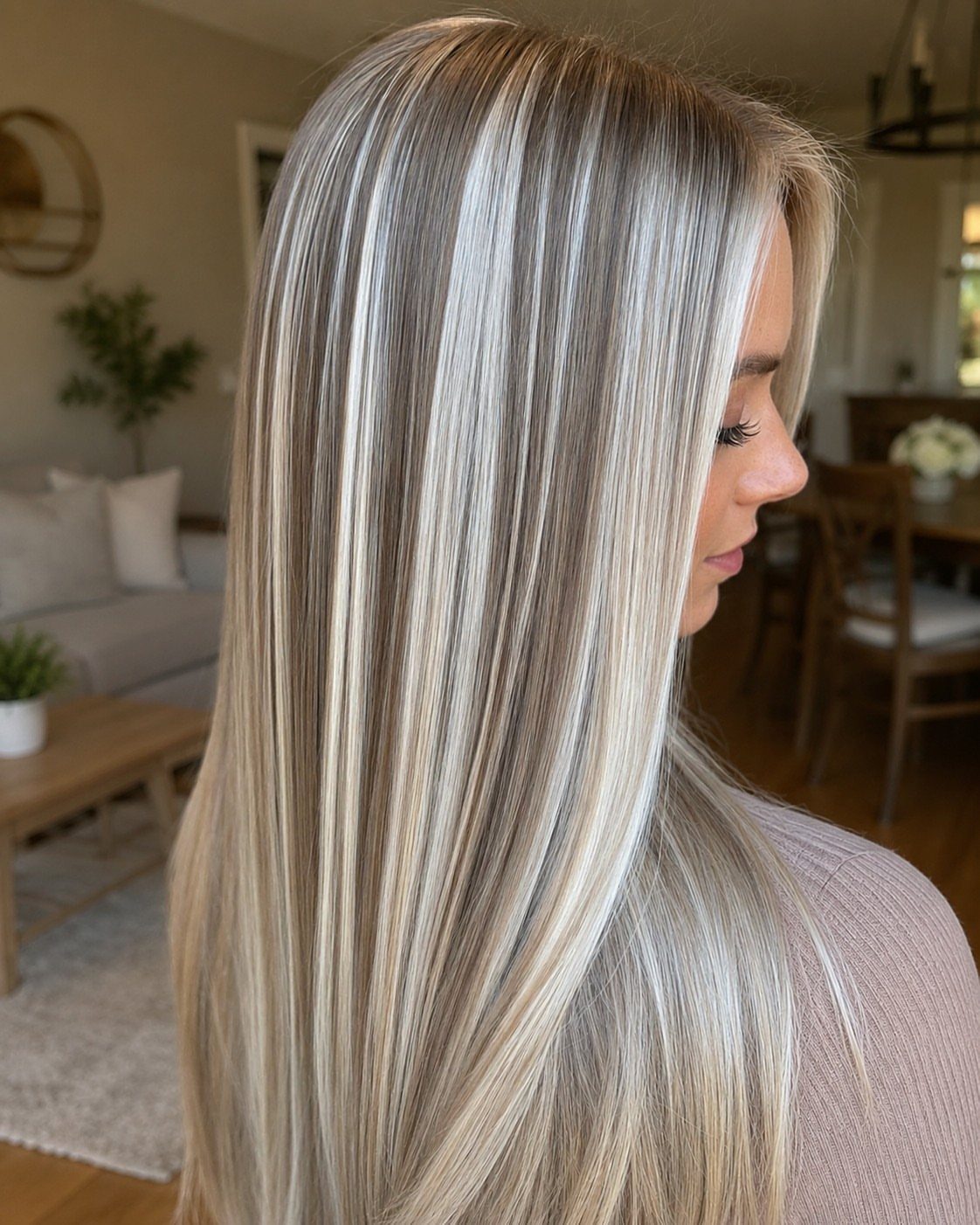 Long straight hair blends bright platinum and creamy vanilla blonde highlights