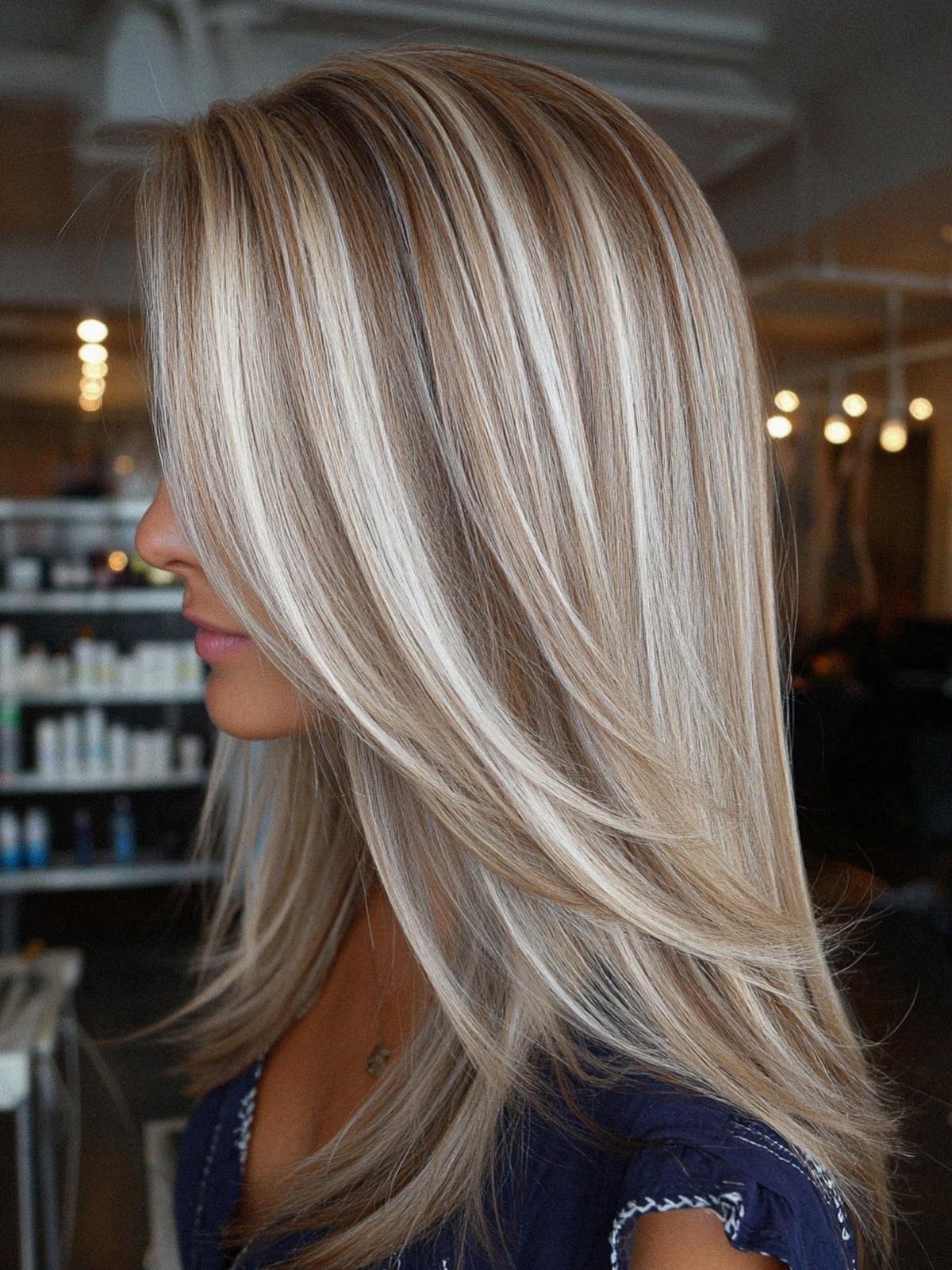 Long pale blonde hair with subtle darker roots falls smoothly down a salon client's back