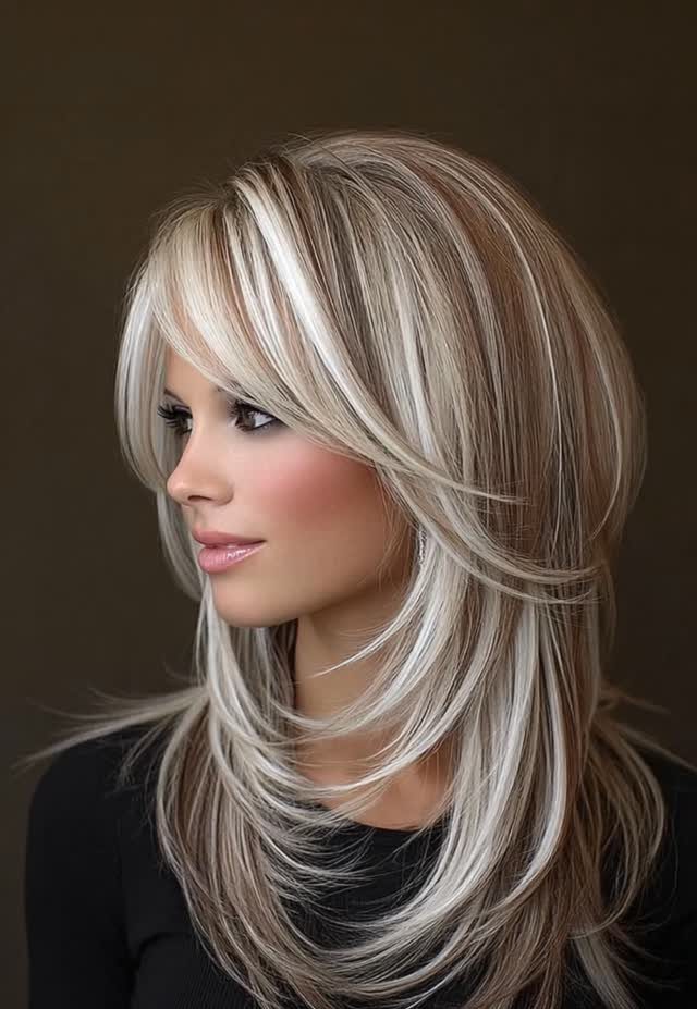 Woman with layered platinum blonde hair and darker ash-brown highlights