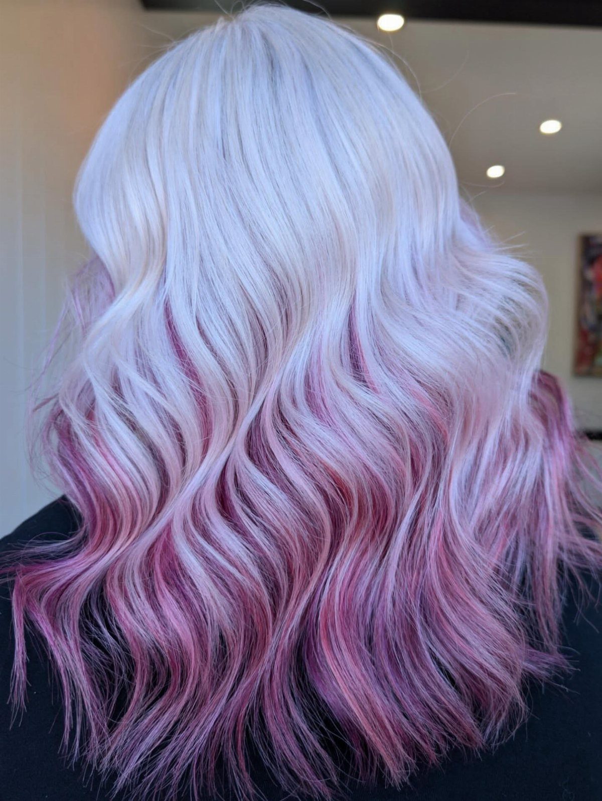 Icy platinum waves blend into rosy pink and lavender tips