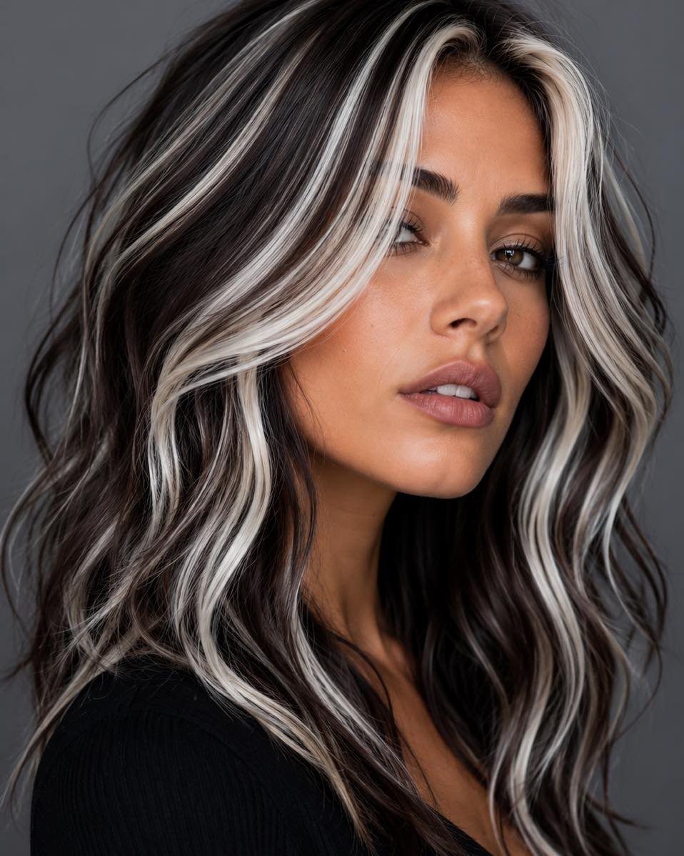 Woman with long dark waves and bright platinum highlights framing her face