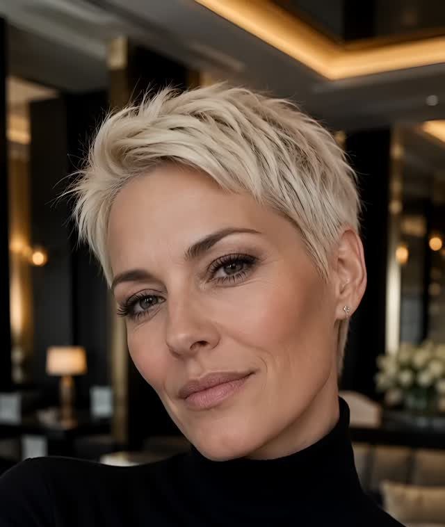 Woman with a textured platinum blonde pixie cut and side-swept bangs