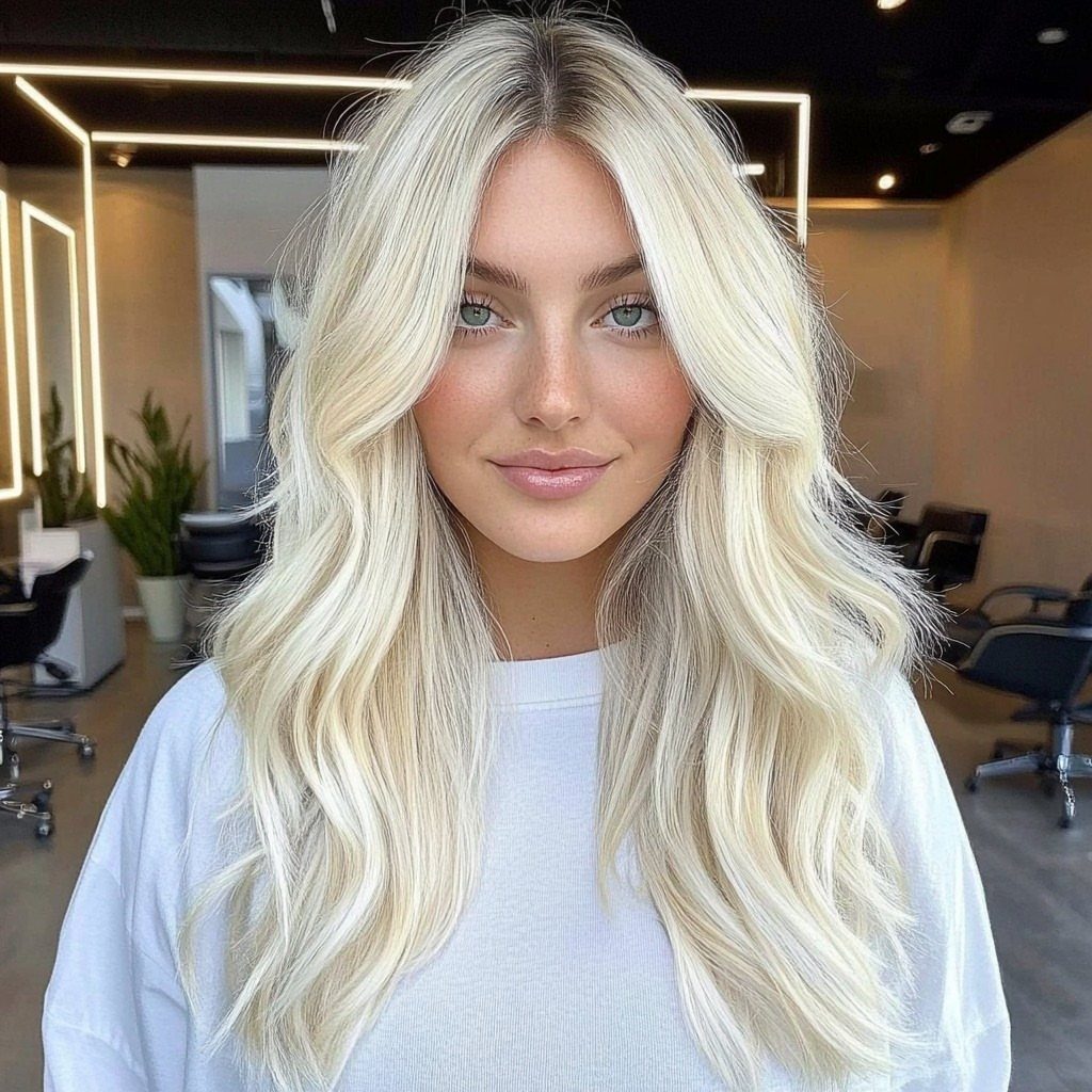 Woman with long, softly waved platinum blonde hair in a salon