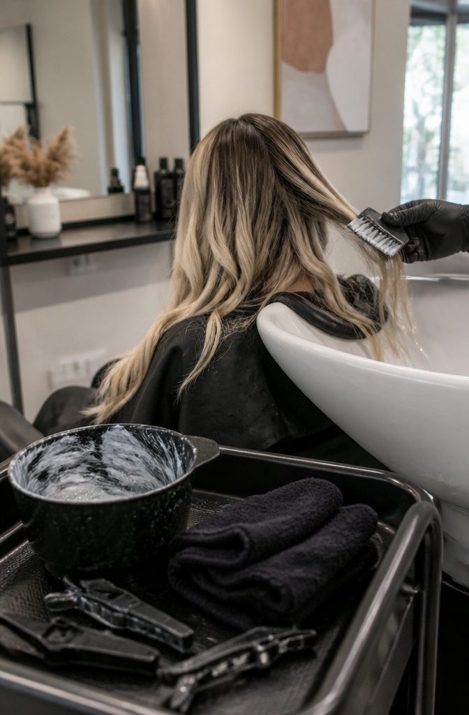 Champagne balayage highlights blended through brown hair with dark roots