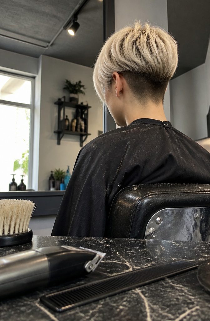 Platinum bixie haircut with brown shaved undercut and side fringe