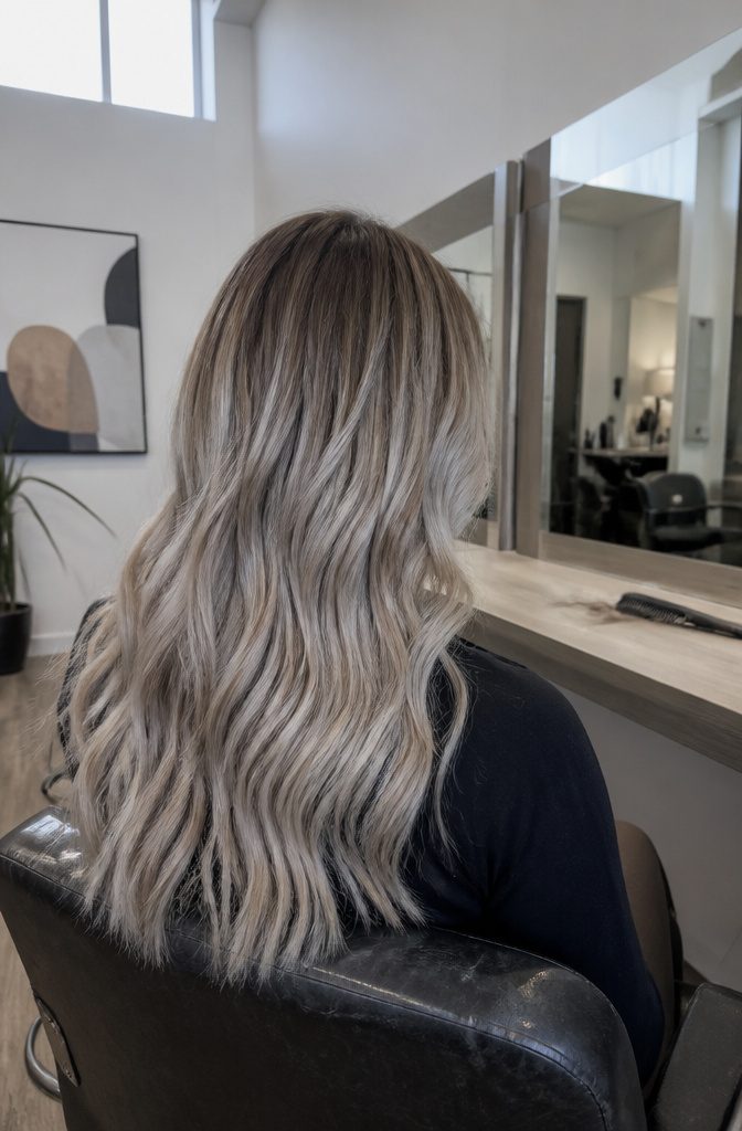 Soft wavy ash blonde hair over a brown base with dark roots