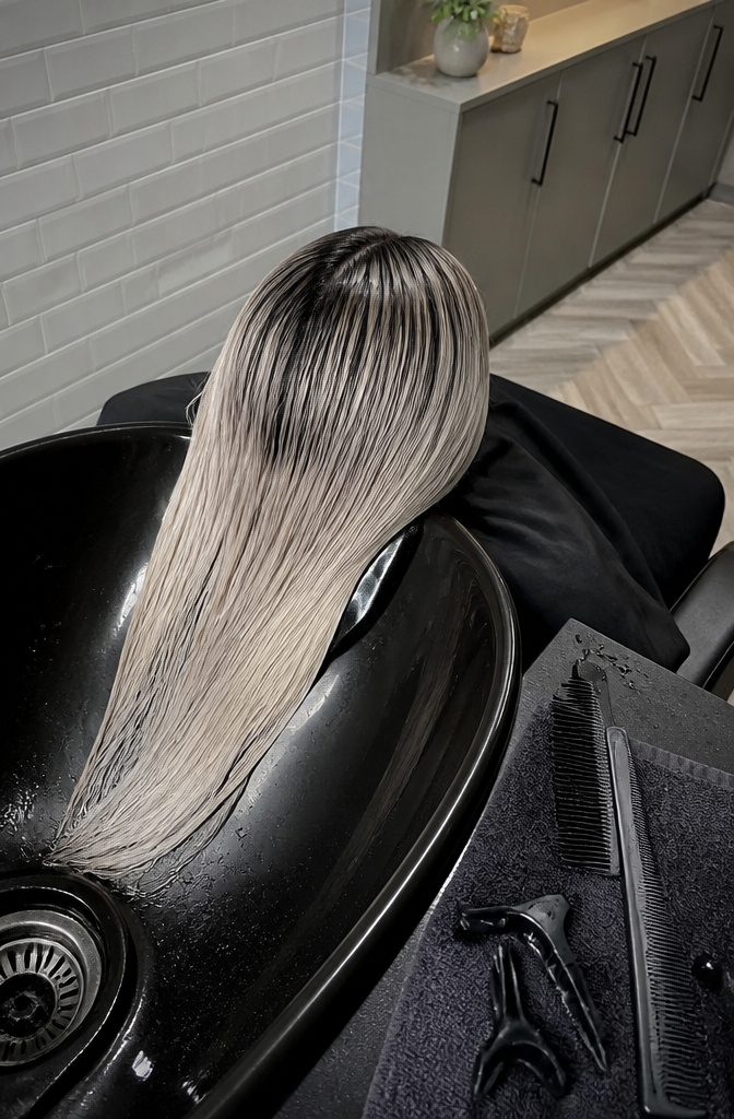 Hair with broad dark roots below the part and pale blonde ends
