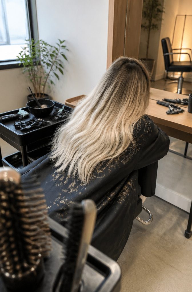 Beige root smudge fading into platinum lengths with soft highlights