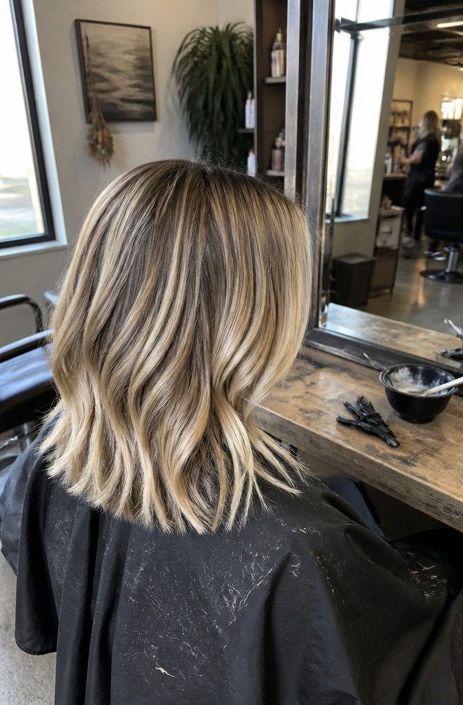 Medium length bronde hair with ribbons and deeper lowlights