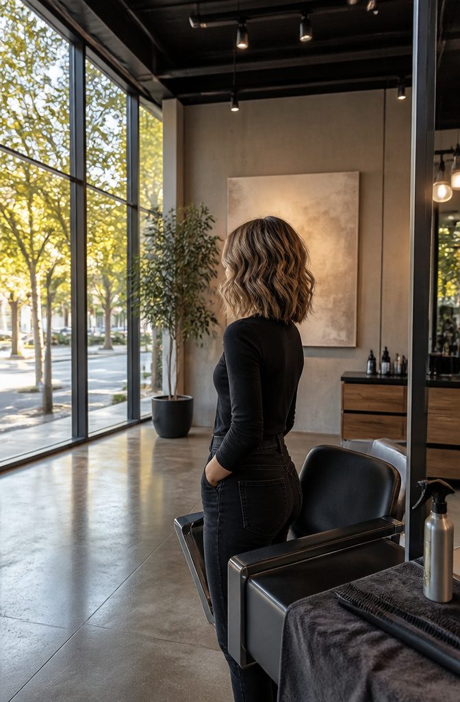 Tousled wavy bob with buttery highlights and brown shadow roots