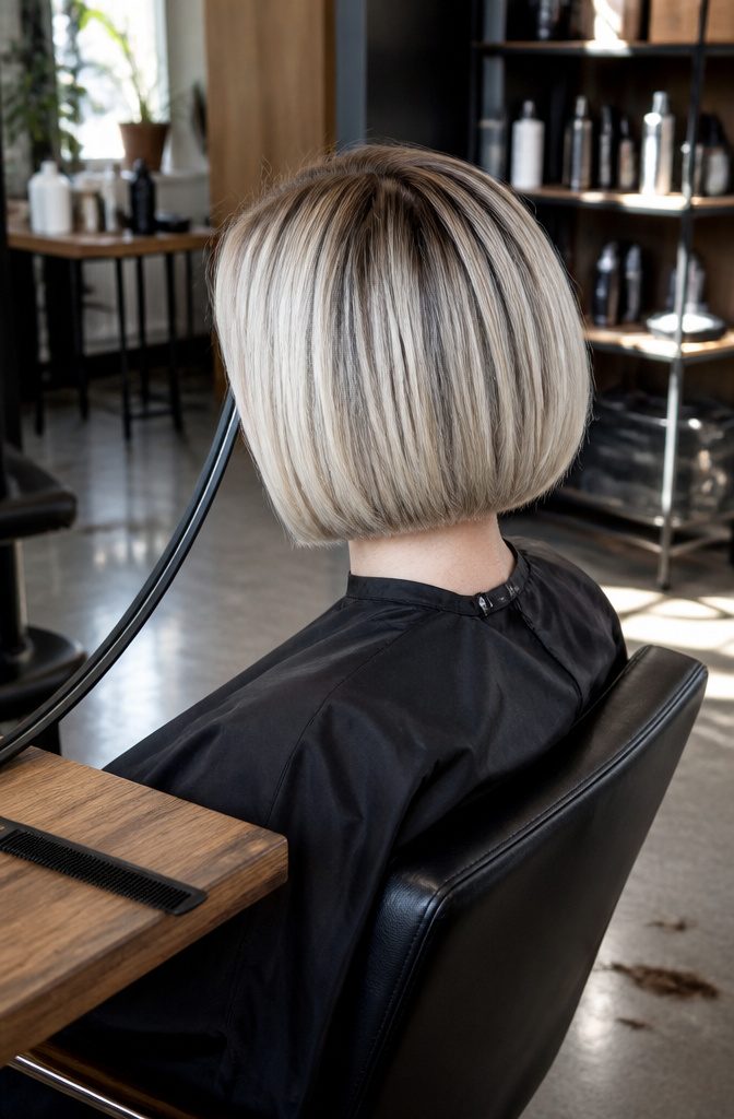 Cool platinum bob with natural brunette roots and dimensional color