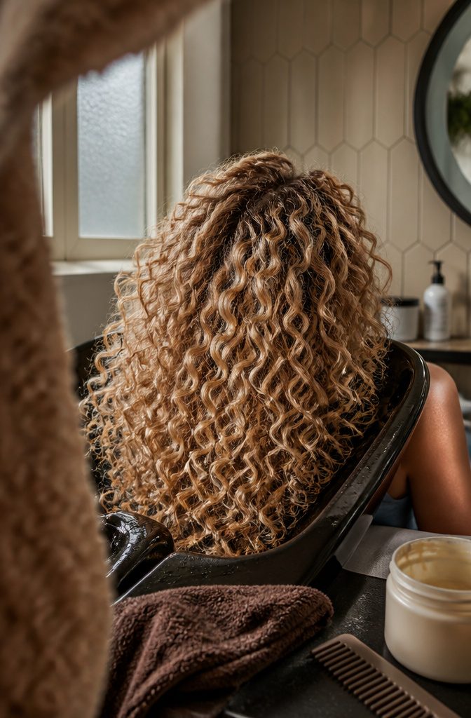 Golden curly hair with honey tones and softly shadowed roots