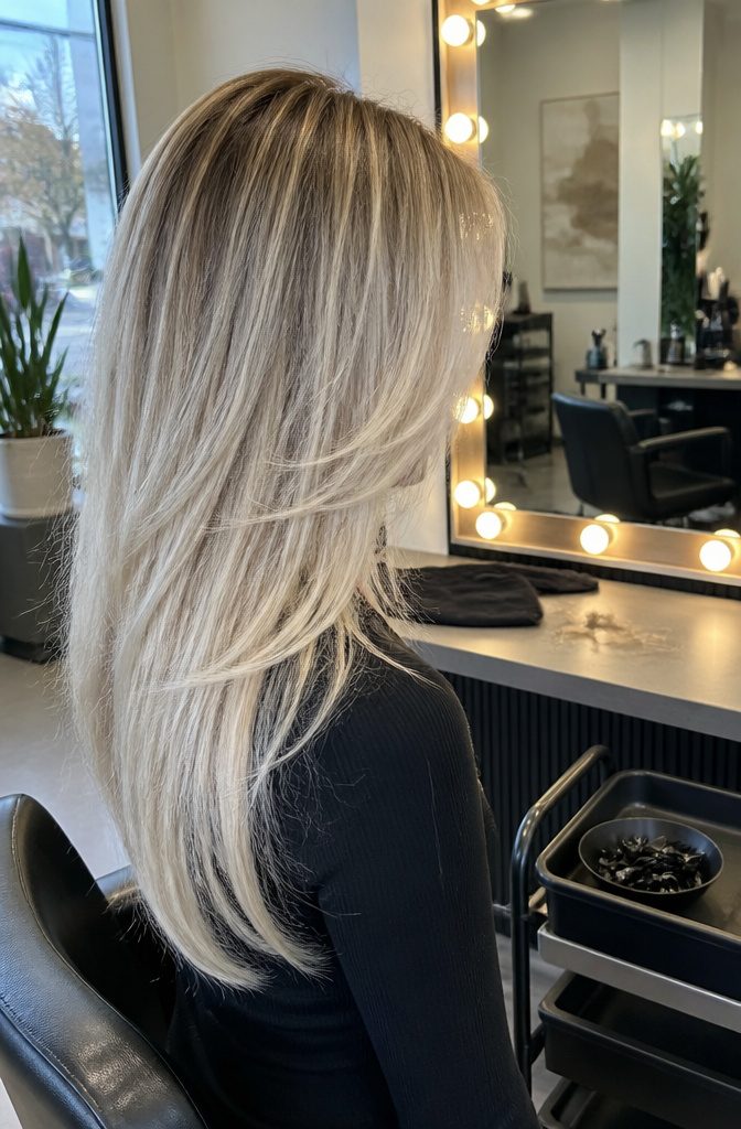 Long layered hair with iced beige highlights and deep dark roots