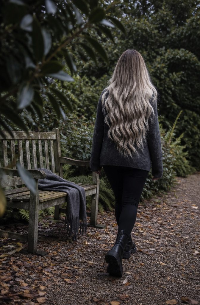 Extra long smoky ash blonde waves with brunette roots