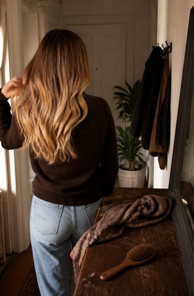 Long hair with melted toffee color and dark roots