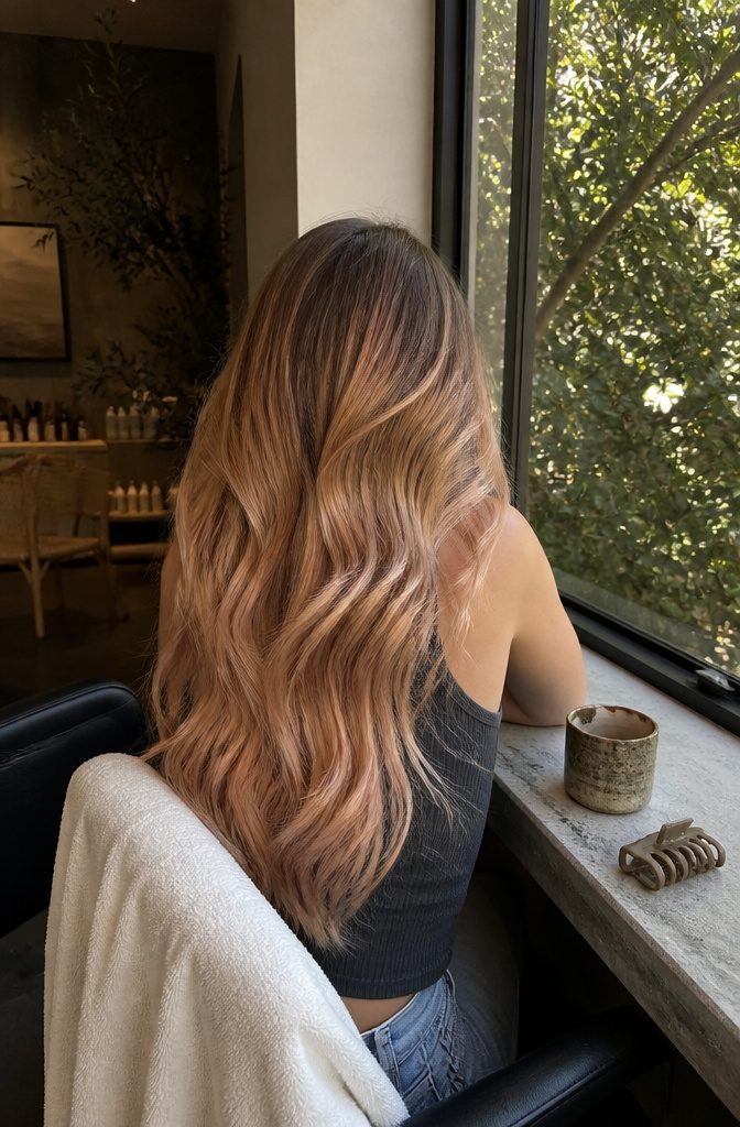 Peach bronde hair fading from dark roots through brown gold tones