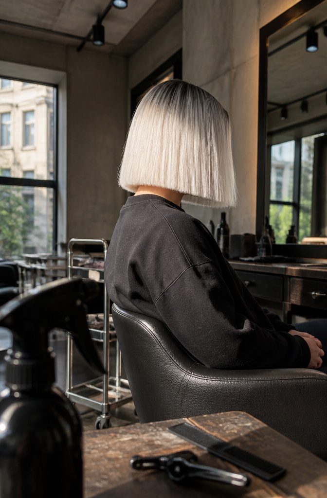 Platinum bob with dark brown roots and a sharp light contrast