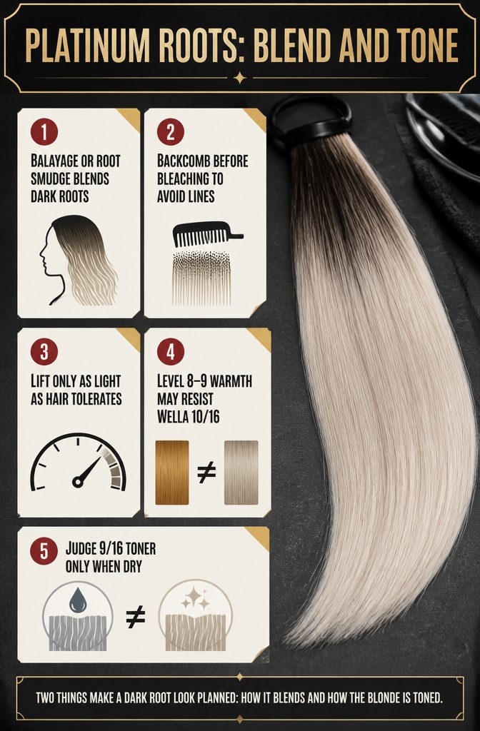 Beauty graphic titled Platinum Roots Blend and Tone with hair color notes