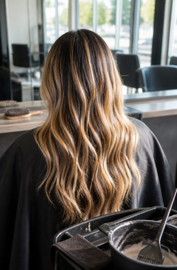 Black woman with sandy caramel highlights over natural black hair
