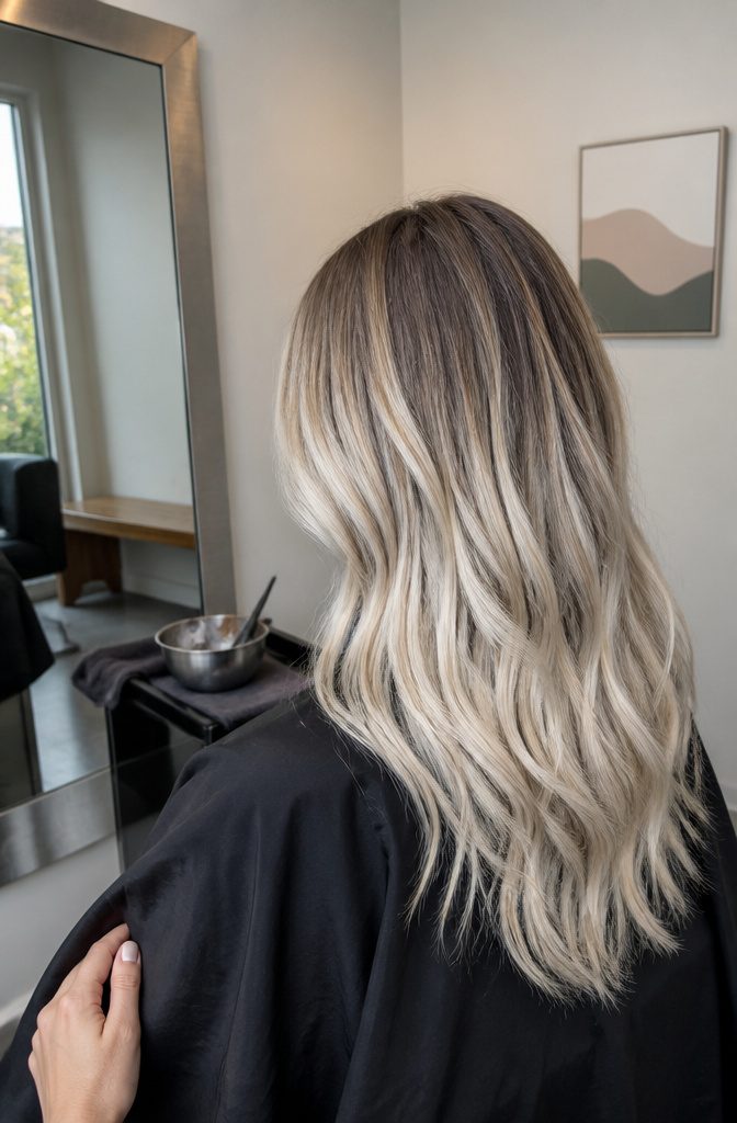 Silvery white blonde hair with dark roots and brown eyes