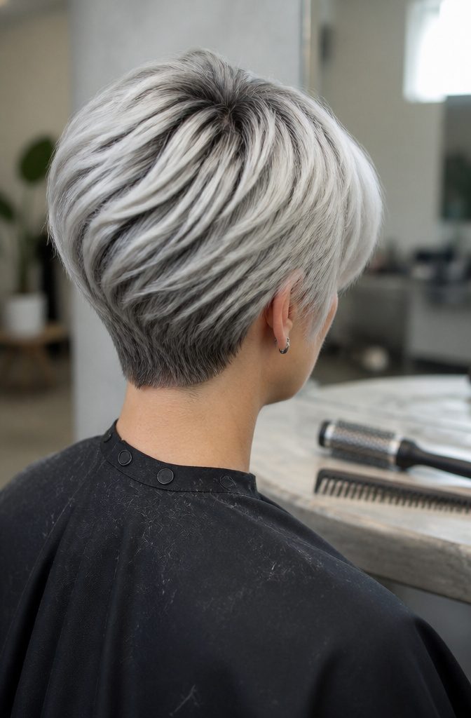 Stacked silver pixie bob with platinum layers and dark roots