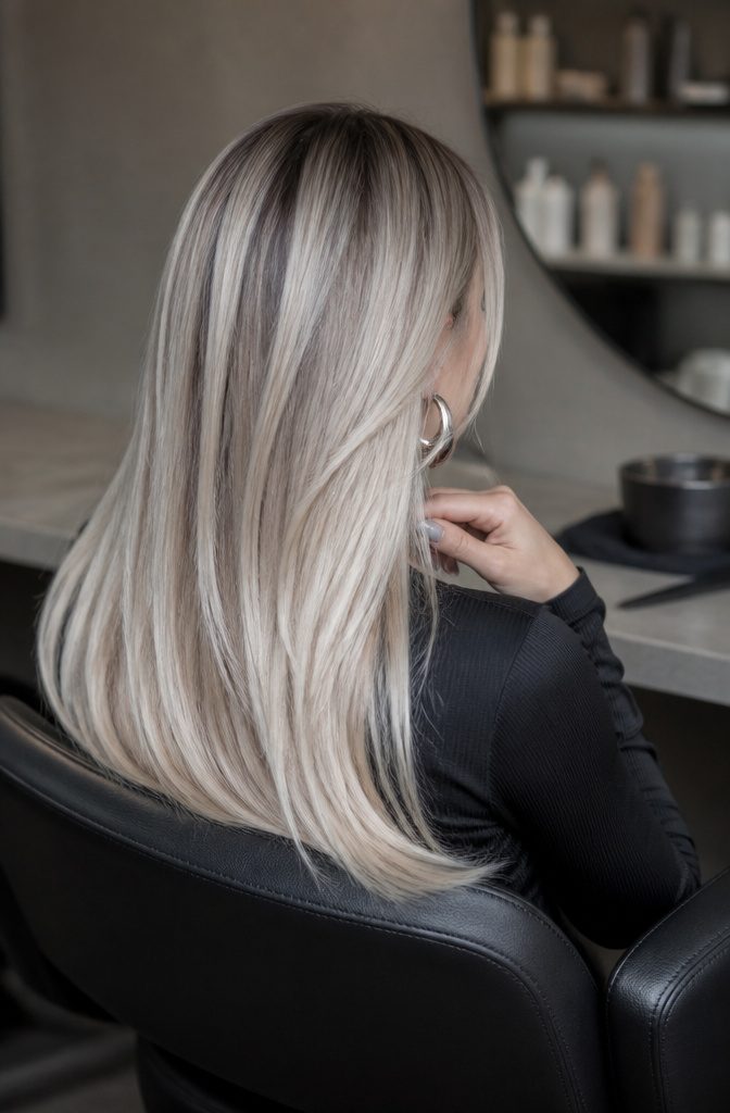 Silver blonde highlights over taupe hair with dark blended roots
