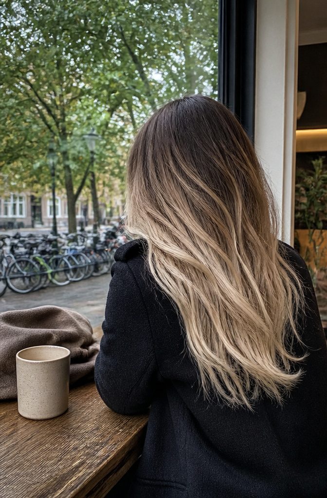 Long hair fading from brown roots through beige to white ends