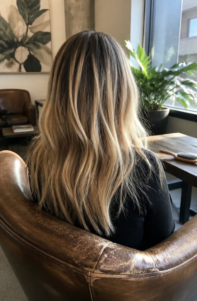 Medium length hair with chunky vanilla highlights and light brown strands