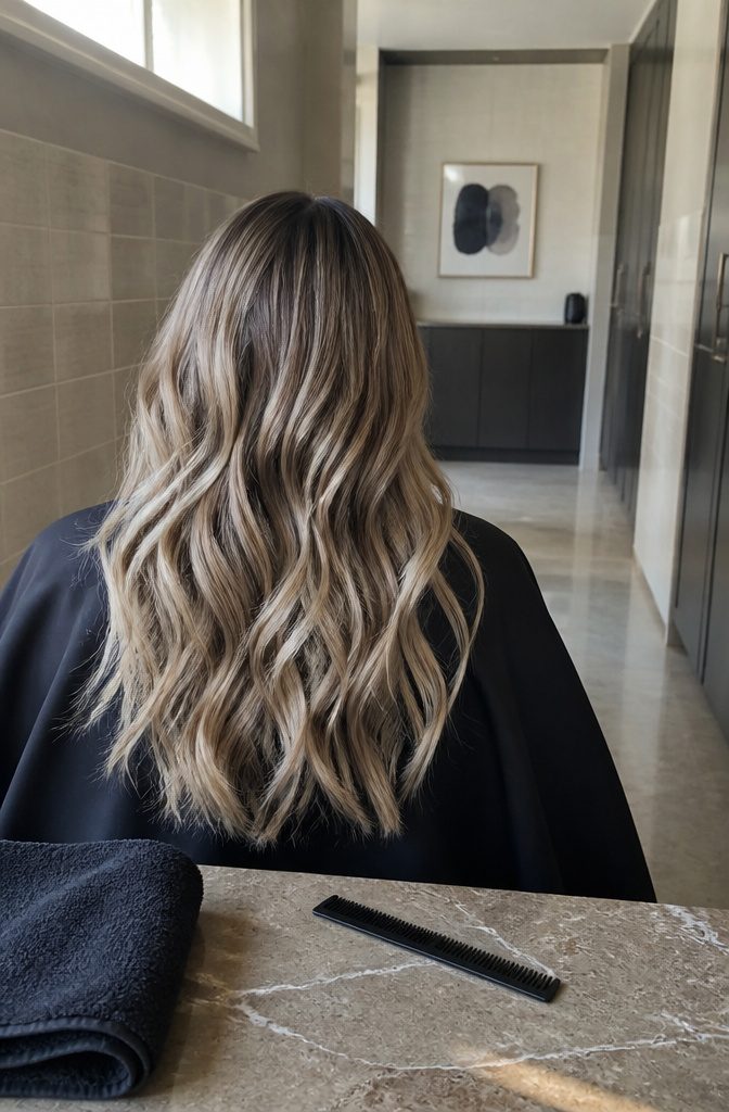 Long wavy cool bronde hair with muddy neutral dark roots