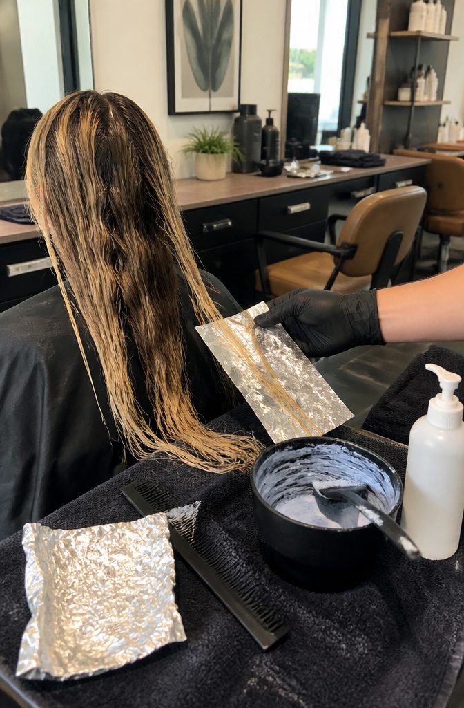 Damp hair with dark bands porous ends and a foil test strand