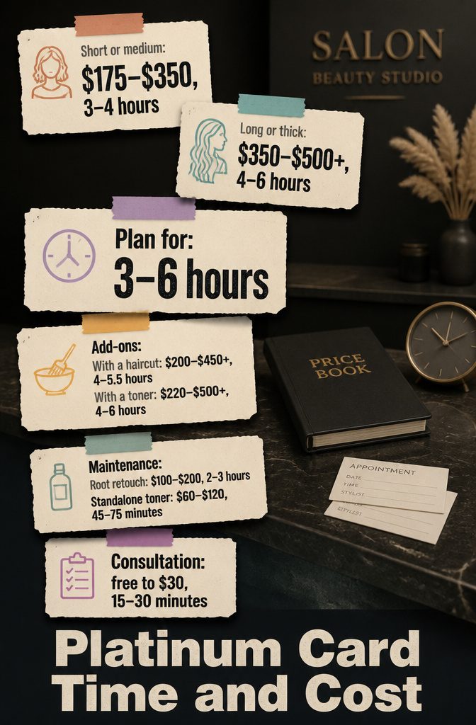 Beauty chart listing platinum card service times and prices