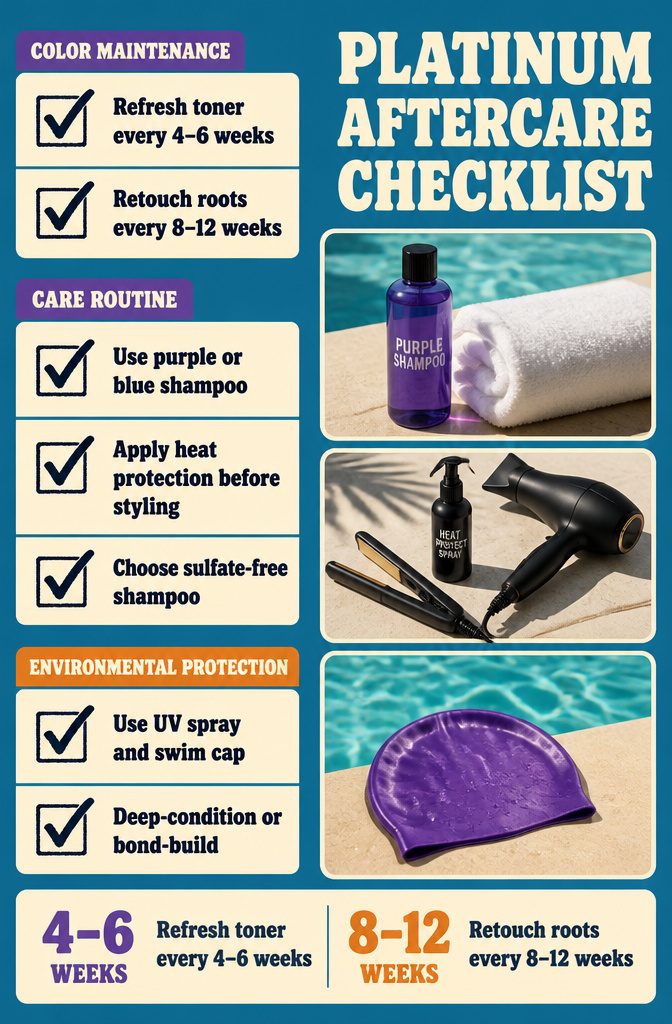 Platinum hair aftercare checklist with toner shampoo heat protection and conditioning
