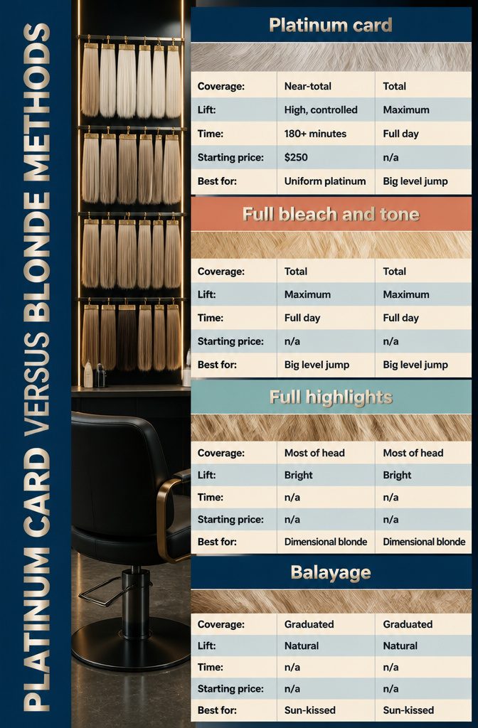 Beauty comparison chart for platinum card bleach highlights and balayage